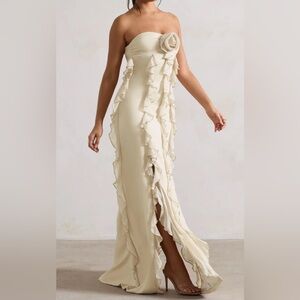 Gardenia l Champange Strapless Ruffle Maxi Dress with Corsage